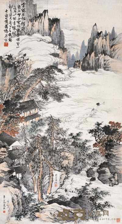 萧谦中 俞瘦石 王梦白 1932年作 云鹤石松馆图 立轴 151×83cm
